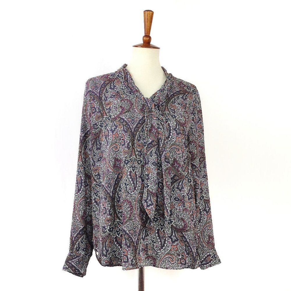 LOFT White Floral V Neck Front Tie Long Sleeve Blouse Top Medium